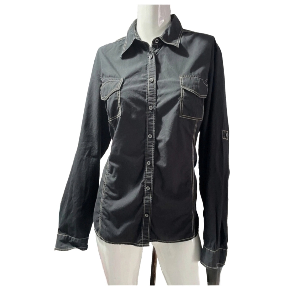 Tommy Hilfiger Women's Black Button Down Roll Tab Sleeve Shirt Size Large